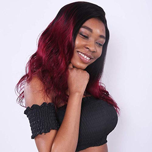 RACILY Burgundy Ombre Body Wave Human Hair Wig, Lace Front Black Roots to Dark Red Glueless Brazilian Virgin Hair Wigs, Muticolor 99J Composed of 4x4 Inch Closure & Hair Weave (20" Wig, 150% Density)