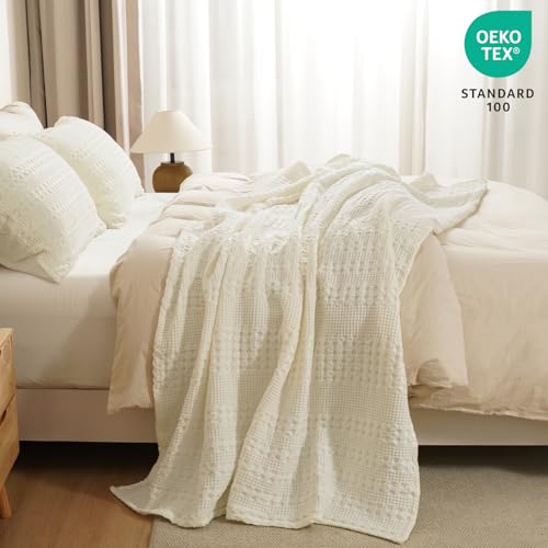 Image of PHF 100% Cotton Waffle Throw Blanket for Couch, Lightweight Breathable and Soft for Summer, Luxury Aesthetic Waffle Weave Blanket for Home Decor & Office, Gifts for Women, 50 inchx60 inch, Cannoli Cream
