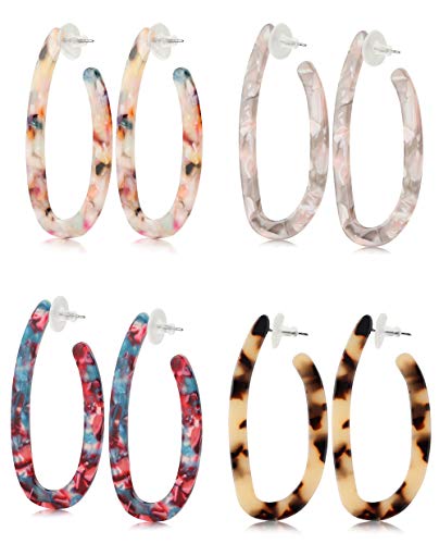 Finrezio 4 Pairs Acrylic Mottled Hoop Earrings for Women Dangle Stud Earrings Set Bohemian Statement Earrings Resin Jewelry