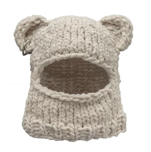 Modische Sturmhaube Mit Bärenohren Maske Mütze Unisex Y2K-Wolle Wintermütze Warm Handgefertigt Gehäkelt Skimütze Halloween Kopfbedeckung(Beige)