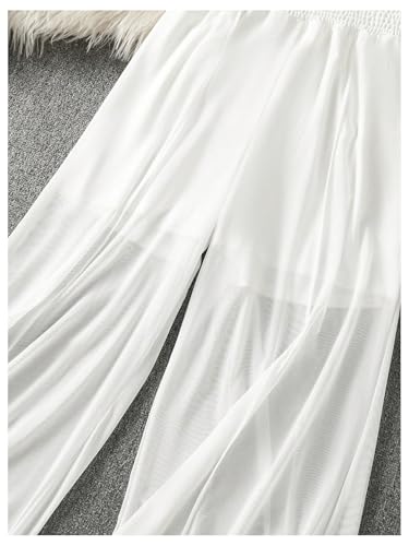 OYOANGLE Women's Shirred High Waisted Sheer Pants Ruffle Flowy Wide Leg Palazzo Trousers4