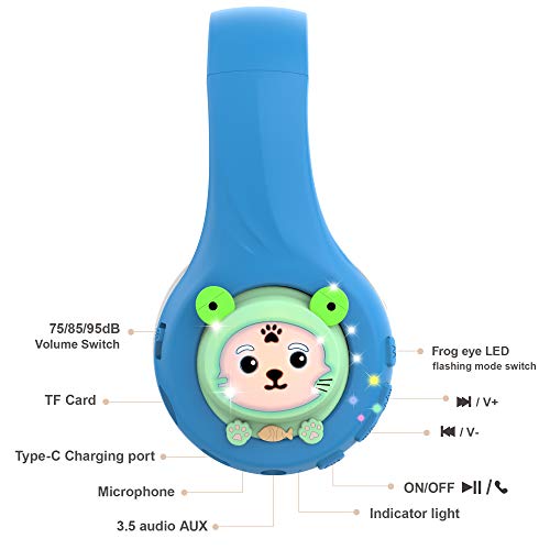 Riwbox Fb-7S Frog Kids Headphones Bluetooth, Led Light Up Bluetooth Headphones Over Ear Volume Limited Safe 75/85/95Db With Mic And Tf-Card, Children Headphones For School/Pc (Blue&Grey) #TOP5