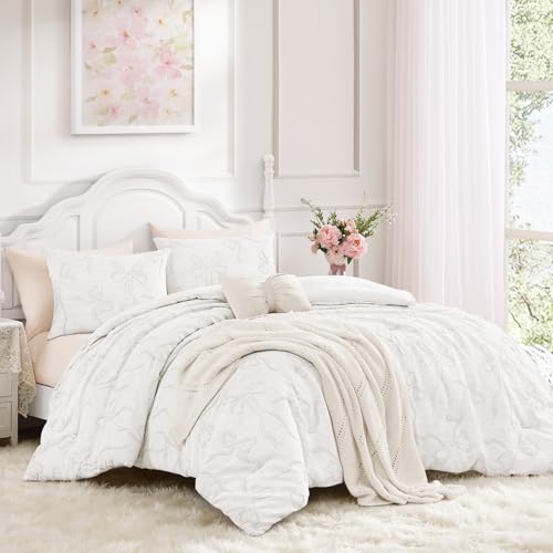 Image of Andency Queen Size Cute Comforter Set, 3 Pieces White Boho Tufted Bedding Set, 3D Puffy Bow Comforters for All Seasons (1 Comforter, 2 Pillow Shams), 90 inchx90 inch, White