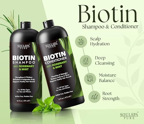 Image of SOULSPA PURE Biotin Rosemary Shampoo and Conditioner Set - Sulfate Free Scalp Care & Hair Strengthening for Thinning, Color-Treated Hair - Rosemary Oil for Men & Women - 16 fl oz Each