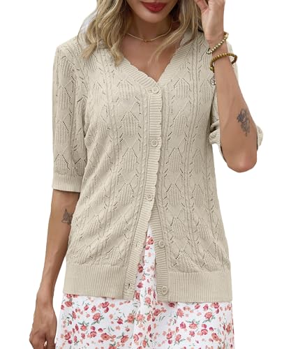 Lovasy Cárdigan de Verano para Mujer Punto Calado con Cuello en V y Manga Corta Cárdigans Ligero con Abertura de Botones para Uso Diario,Albaricoque,M