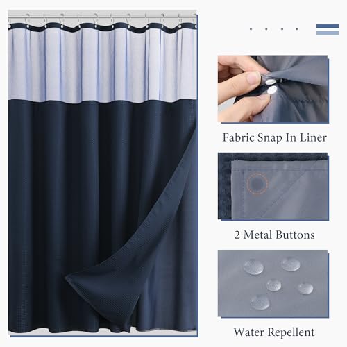 Naturoom Navy Blue Waffle Shower Curtain Set with Snap-in Liner, 240GSM Modern Waffle Weave Heavyweight Fabric Shower Curtain and Liner for Luxury Neutral Hotel & Spa Bathroom Decor, 72x72