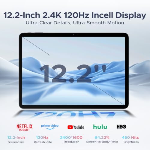 Image of 2026 Upgraded 12.2 inch Tablet, Android 16 Tablet with Gemini AI, 2.4K 120Hz Display, 48GB RAM+256GB ROM, Unisoc T7300 Octa-Core, 12000mAh /18W, 13MP+8MP, Widevine L1, Tablet with Keyboard, Pen, Black