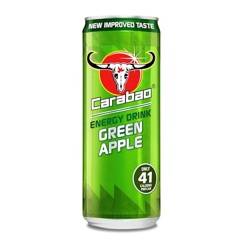 Carabao Energy Drink Green Apple, 12 x 330ml Cans Case, Low Calorie, Lower Sugar, Fizzy Fruit Flavour, Vegan, Gluten Free Drink. B Vitamins, Taurine, Caffeine with Zero Crash, Bulk Crates, Multipack