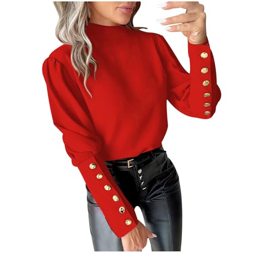 HGps8w Gold Button Cuff Dressy Office Tops for Women Elegant Mock Neck Blouses Lantern Long Sleeve Business Casual Shirts