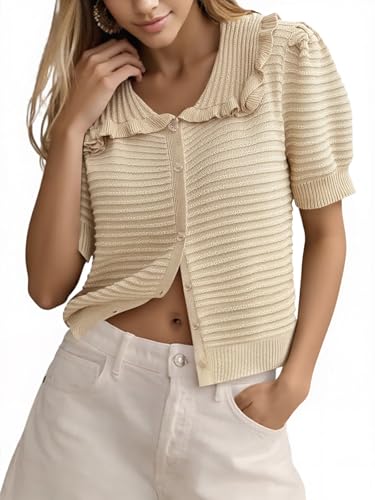 Cicy Bell Womens Ruffle Cardigan Sweater Puff Short Sleeve Button