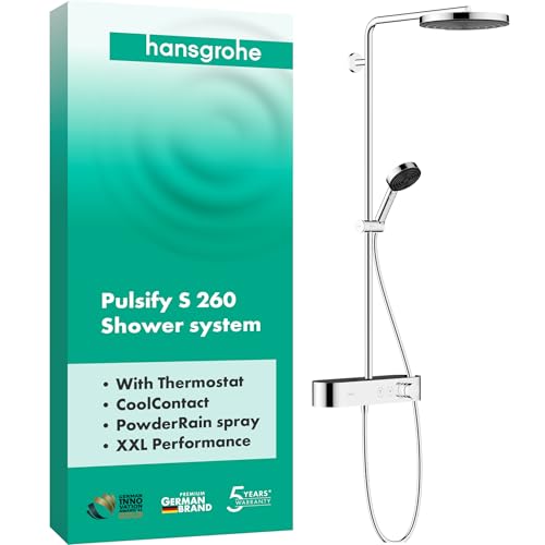 hansgrohe Pulsify S - Colonne de douche avec mitigeur thermostatique, douche pluie (⌀ 260mm) avec robinet, douchette (3 jets), support, flexible de douche,...
