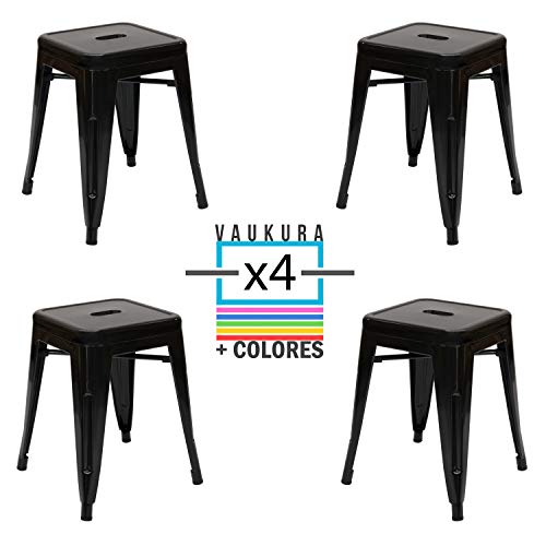 Vaukura Taburete Bajo Tolix (Pack 4) - Taburete Industrial Metálico Brillo (Negro)