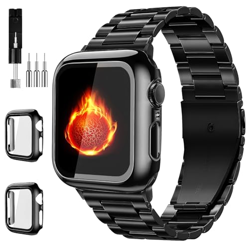 Bekomo Compatible with Apple Watch Band 49mm 46mm 44mm 45mm 42mm 40mm 38mm 41mm, Stainless Steel iWatch Bands with 2 Pack Tempered Glass Screen Case for Series 10/9 Ultra 2 8/7/6/5/4/3/2/1/SE for Men