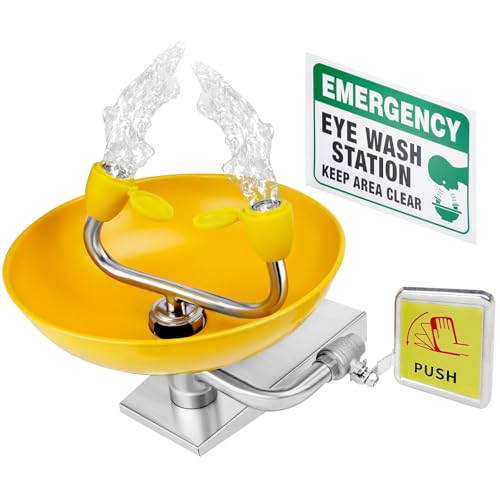 Emergency Eye Wash Station, Wall Mounted ABS Coated 304 Stainless Steel - OSHA Compliant Face Washing Unit - Hands Free Aerated Spray with Double Layer Filter & Sign for Lab Industrial Safety