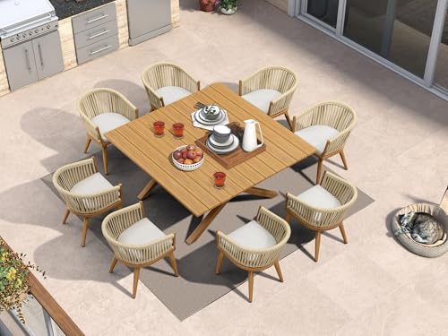 Image of PURPLE LEAF 9 Pieces Outdoor Dining Set with Patio Aluminium Square Dining Table and Wicker Chairs Modern Furniture Cushions Sets for Backyard Indoor Decor Kitchen Teak