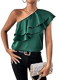 SOLY HUX Women's One Shoulder Ruffle Trim Sleeveless Satin Blouse Tops Solid Dark Green M