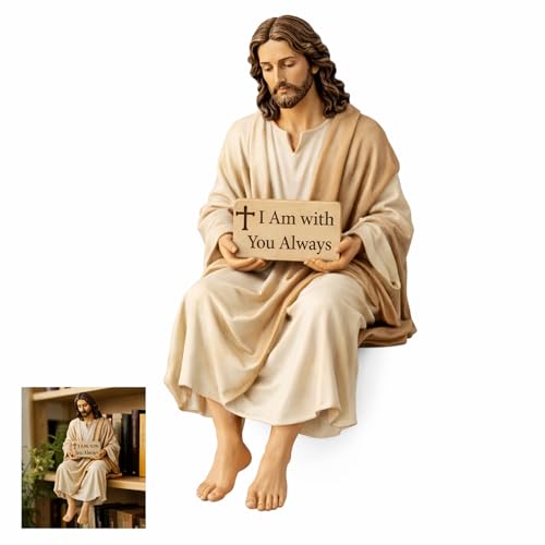Dei tkeyts Jesus Resin Desk Companion Figurine, Hand-Painted Sitting Jesus Statue with I Am with You Always Sign, 6 cm/2.4 in Religious Jesus Gift for Home Office Car Dashboard Decor