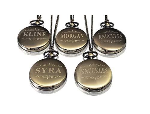 Personalized Pocket Watch Set, 5 Groomsmen Unique Gifts, Chain, Box and Engraving Included, Comes in 4 Colors (Gold Vintage)
