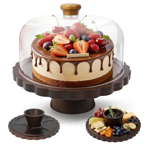 LZDMY Présentoir à Gâteau Haut Pied Rond,Support Gâteau en Bois d’ Acaciaavec Couvercle Acrylique,Cloche de Protection Anti-poussière pour Buffet...
