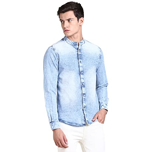 Image of Dennis Lingo Men's Solid Denim Cotton Slim Fit Full Sleeve Mandarin Collar Casual Shirt