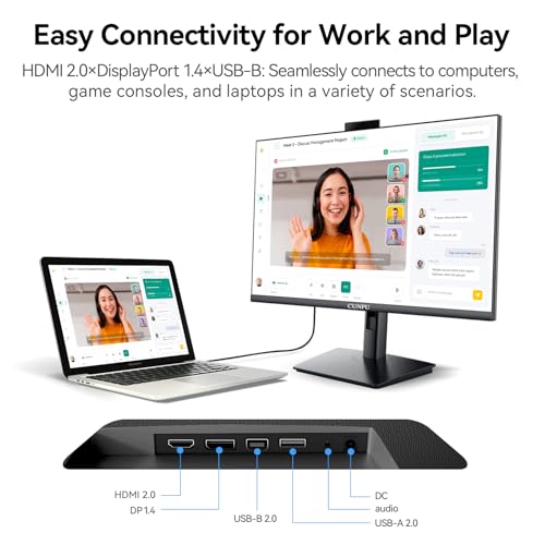Image of CUNPU 27 Inch Monitor with Camera, Computer Monitor with Pop-up 5MP 2K Webcam and Stereo Mic & Speakers, QHD 1440P Vertical Monitor for Video Conferencing, HDMI, DP1.4 Port, Swivel Pivot Adjustable