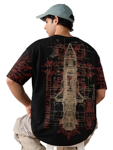 Image of The Souled Store Freedom: Brahmastra Men and Boys Short Sleeves Round Neck Black Graphic Printed and Embroidered Casualwear Cotton Oversized T-Shirt