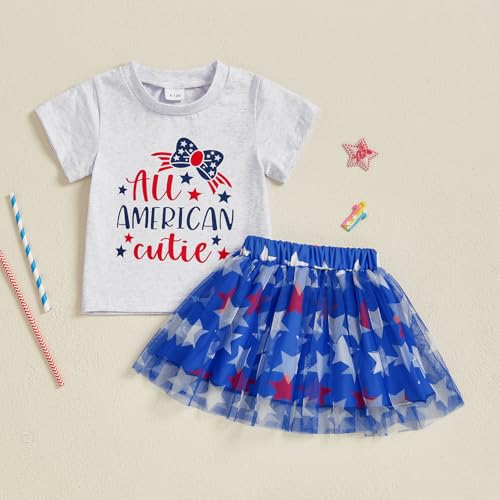 Image of Kayotuas Toddler Baby Girl 4th of July Outfit American Flag Shirt Red Blue Stars Tulle Tutu Skirts Kids Fourth of July Dress