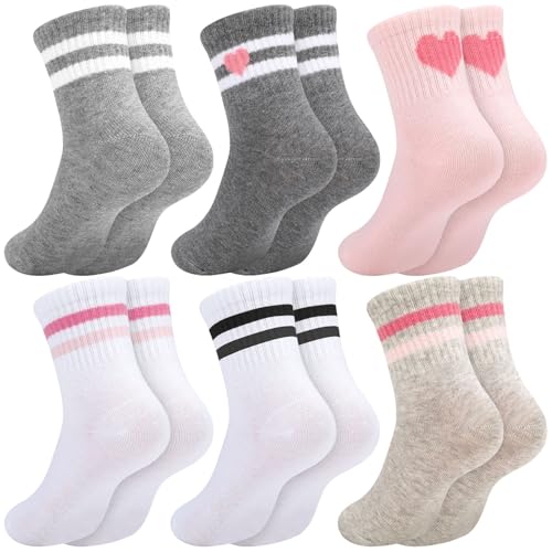 Jspupifip 6 Pairs of Kids Athletic Socks, Hearts Athletic Socks Crew Athletic Socks for Kids, Stripes Combed Cotton Socks with High Ribbed Top Cuffs, Kids Girls and Boys to Little Kids 8-10 Years Old
