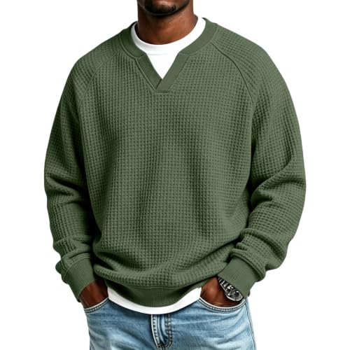 Long Sleeve Waffle Shirts for Men Plus Size Textured V Neck Thermal Shirts - image 1