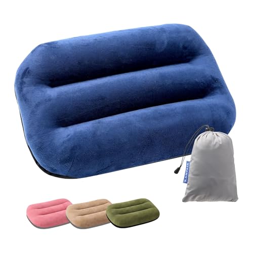Image of Inflatable Camping Pillow - Ultralight Compact Travel Pillow, Picnic-Blue | Beach, Blow Up, Portable, Sleeping Bag Pillow, Backpacking, Soft Velvet Cover, Machine Washable Air Pillow