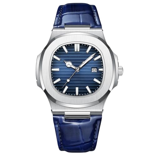 RORIOS Minimalist Wristwatch for Men Analogue Quartz Wrist Watch Date Calendar Luminous Watch Casual Stainless Steel Watch with Leather Strap Silver Blue