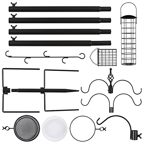Jeaa 6 Hook Bird Feeding Station Kit, Bird Feeder Pole W/ 4 Bird Feeders, Mesh Tray And Bird Bath, Steel Metal Bird Feeder With 5 Prong Base For Attracting Wild Birds, 66.73 Inch Above Ground,Black #TOP3