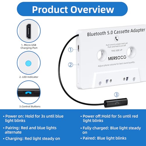 Car Audio Bluetooth 5.0 Cassette Receiver, Cassette Bluetooth Adapter for Car Tape Player, Wireless Cassette Aux Adapter with Hands-Free Calling, Universal Compatibility for Smartphone,Tablet(White) - Thumbnail 6