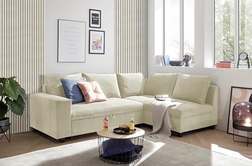 Ecksofa L-Form aus Cordstoff mit Schlaffunktion, beige (Cream) – Liegefläche 147 × 207 cm, Breite 243 cm, Sitzhöhe 45 cm, Modell MIRA
