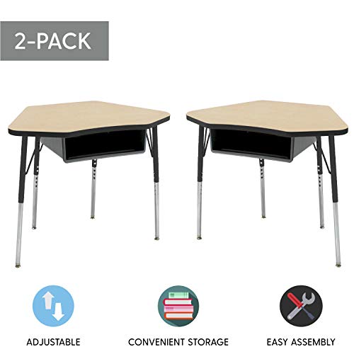 Image of FDP Petal Open Front Student Desk (24 x 36 inch) Table, Book Box for Classroom School Supplies, in-Home Learning, Adjustable Standard Swivel Glide Legs 19-30in (2pk)- Maple Top /Black Edge /Black Legs
