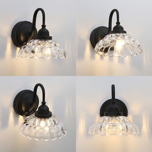 Image of Phansthy Antique Brass Wall Sconce Hardwired, Gooseneck 1-Light Single Vanity Wall Light with Umbrella-Shaped Clear Glass Shade, Wall Lamp for Bedroom Bedside Kitchen Hallway (Black)
