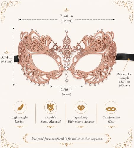 Image of Masquerade Mask for Women with Rhinestones - Elegant Metal Half Face Mask for Masquerade Parties, Mardi Gras, & Themed Events
