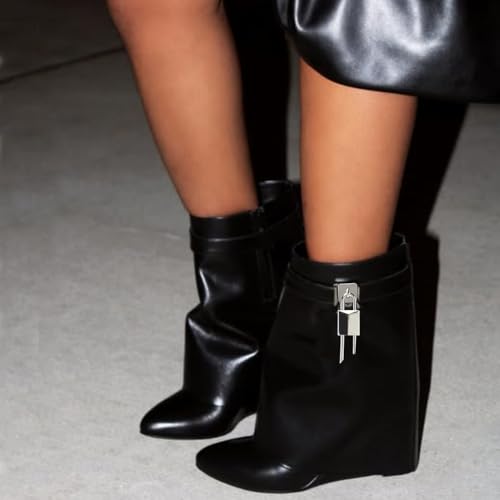 Image of keleimusi Fold Over Wedge Boots Heeled PadLock Pant Knee High Shoes Tall /Short Booties
