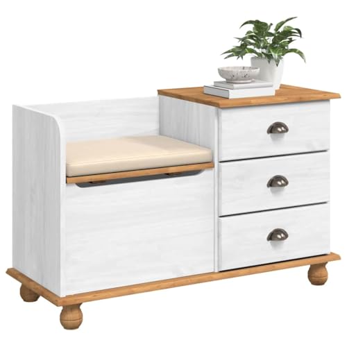 vidaXL Banc de Rangement avec tiroir ASKIM Blanc 100 x 39 x 62 cm, Banc d'entrée stylé, Solution de Rangement Moderne, Meuble Polyvalent rectangulaire, Assise en Bois Massif, Design en pin