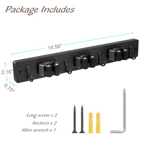 Image of OUTNILI Black Mop Broom Holder Wall Mount with 3 Slots & 4 Hooks - Wood Broom Mop Hanger for Pantry Kitchen Organization - Garden Tool Organizer for Closet Laundry Room
