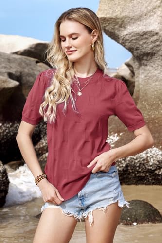 Image of Arach&Cloz Women's Short Sleeve Crew Neck Sweaters Trendy Teacher Work Tops | Lightweight&Breathable Fabric, Texture Knit Design, Relaxed Fit, Business Casual Outfits, Teacher Work Tops Fall 2026