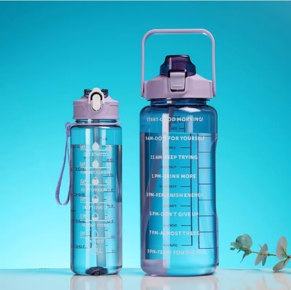 Image of inulec 3-in-1 Transparent Water Bottle Set (2000ML, 900ML, 300ML) with Motivational Time Markers, Leakproof & Gym Bottles, Fitness, Travel (3 Pics Transparent Water Bottle) (PURPLE)