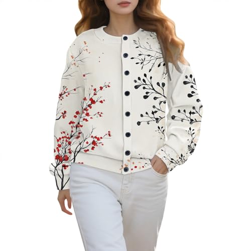Women's Fall Cute Floral Print Open Front Cardigan Sweater Fall Winter Casual Loose Button Down Long Sleeve Coat3