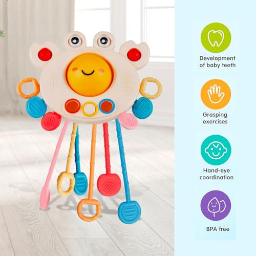 Image of Kidology Pull String Toy for Babies Teething Strings Sensory Montessori Toys Baby Girl,Travel Toy for 6+Months Boy Food Grade Silicone Fine Motor Skills Toy for Toddlers (Crab), Multicolor