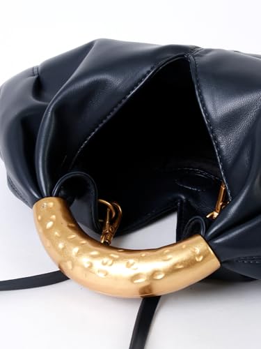 Bolso Tote azul marino de cuero sintético con asa dorada miniatura 6