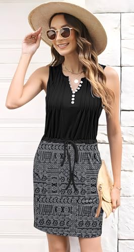 Image of ETCYY Womens Summer Casual Dresses Sleeveless Beach Vacation Sundresses Drawstring Waist Short Striped Dress with Pockets