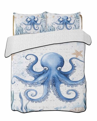 Reversible Down Alternative Comforter Quilted, Cartoon Blue Monster Waterweed Duvet Insert Lightweight Soft Bedspread Throw Blankets Nautical Starfish Shell for All Seasons Bed Sofa Decor