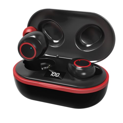 Image of pTron Bassbuds Jets True Wireless Bluetooth 5.0 Headphones with Deep Bass, Touch Control Earbuds, IPX4 Sweat /Splash Resistant, Voice Assistant, Built-in Mic & Digital Display Case - (Black & Red)