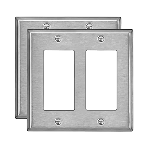 [2 Pack] Bestten 2-Gang Decor Metal Wall Plate With Ｗhite Or Clear Plastic Film, Standard Size, Stainless Steel Outlet Cover, Industrial Grade Stainless Steel, H4.53” X W4.57”, Brushed Finish, Silver #TOP8