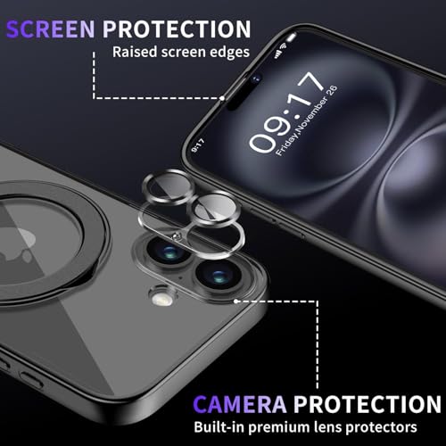 Image of Magnetic for iPhone 16 Case with Invisible Stand[Compatible with MagSafe][Full Camera Lens Protector][Military Drop Protection] Shockproof Not Yellowing Clear Soft Slim for Women Men, Black